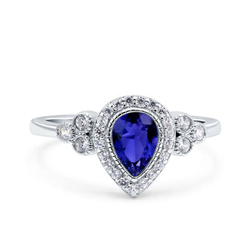 Halo Pear Engagement Ring Blue Sapphire CZ 925 Sterling Silver Wholesale
